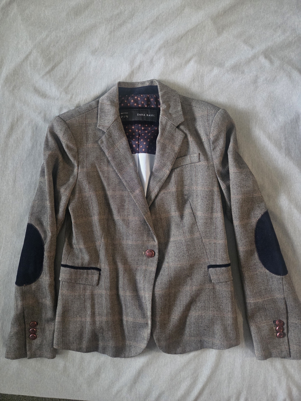 Zara Women's Brown Plaid Preppy Blazer with Elbow Patches Striped Lining